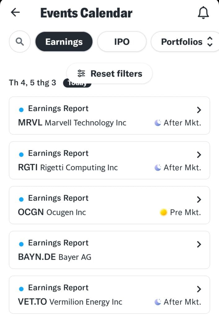 earning calender Yahoo Finance