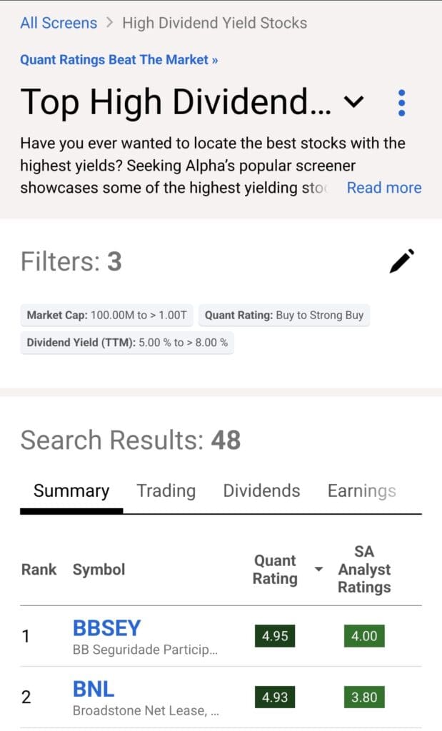 filter high dividend stocks, Seeking Alpha Premium screener