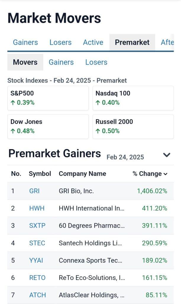 market movers, pre market gainers, stockanalysis.com