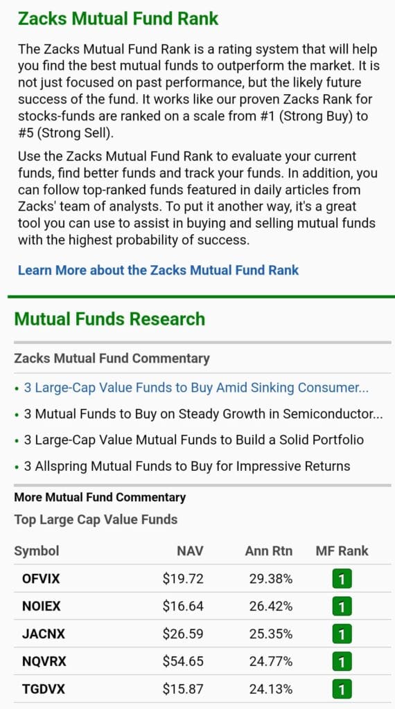 mutual fund rank and research, Zacks Ultimate