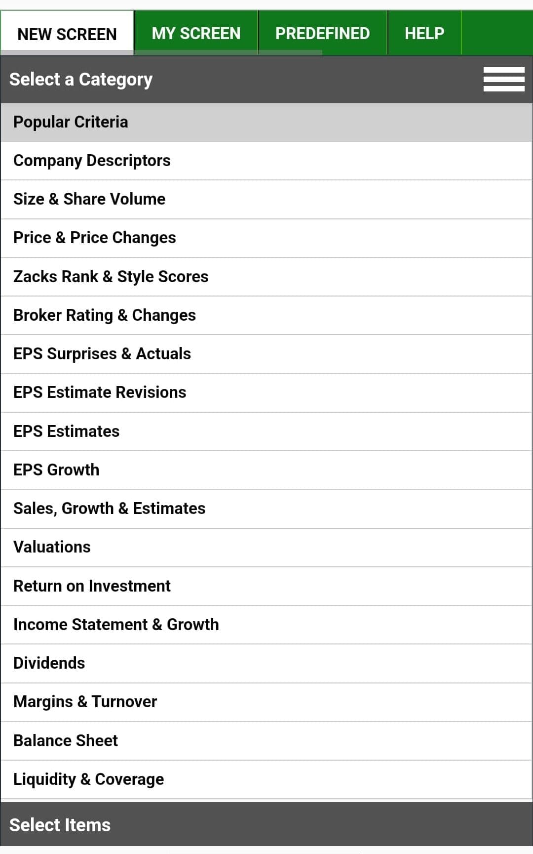 Screenshot of Zacks Premium platform showing a financial screening menu with options for EPS, sales growth, and valuations.