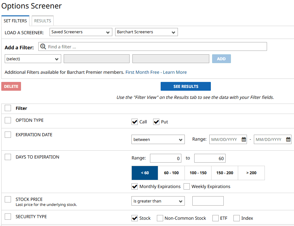 Barchart Options Screener