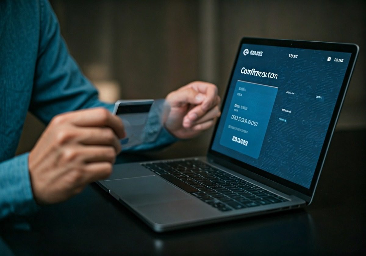 Hand holding credit card next to laptop