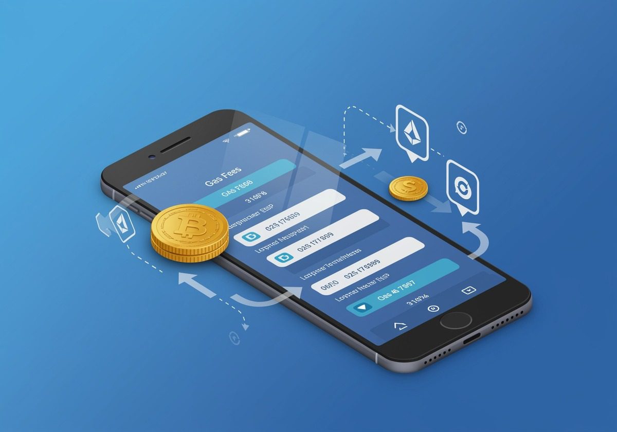 Mobile app showing crypto transaction details and gas fees.