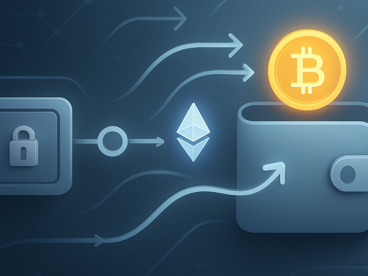 Graphic illustrating the process of transferring cryptocurrency from a digital source to a wallet.
