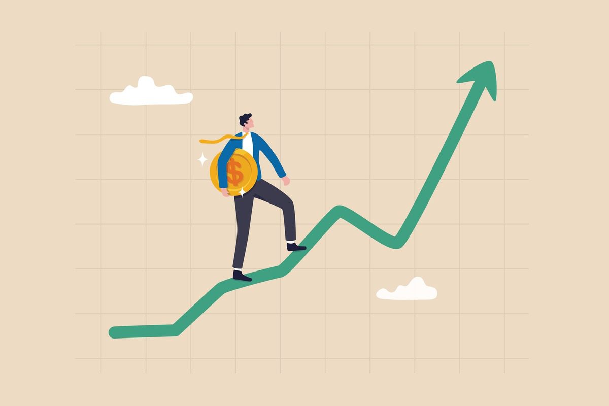 Person climbing upward trending graph