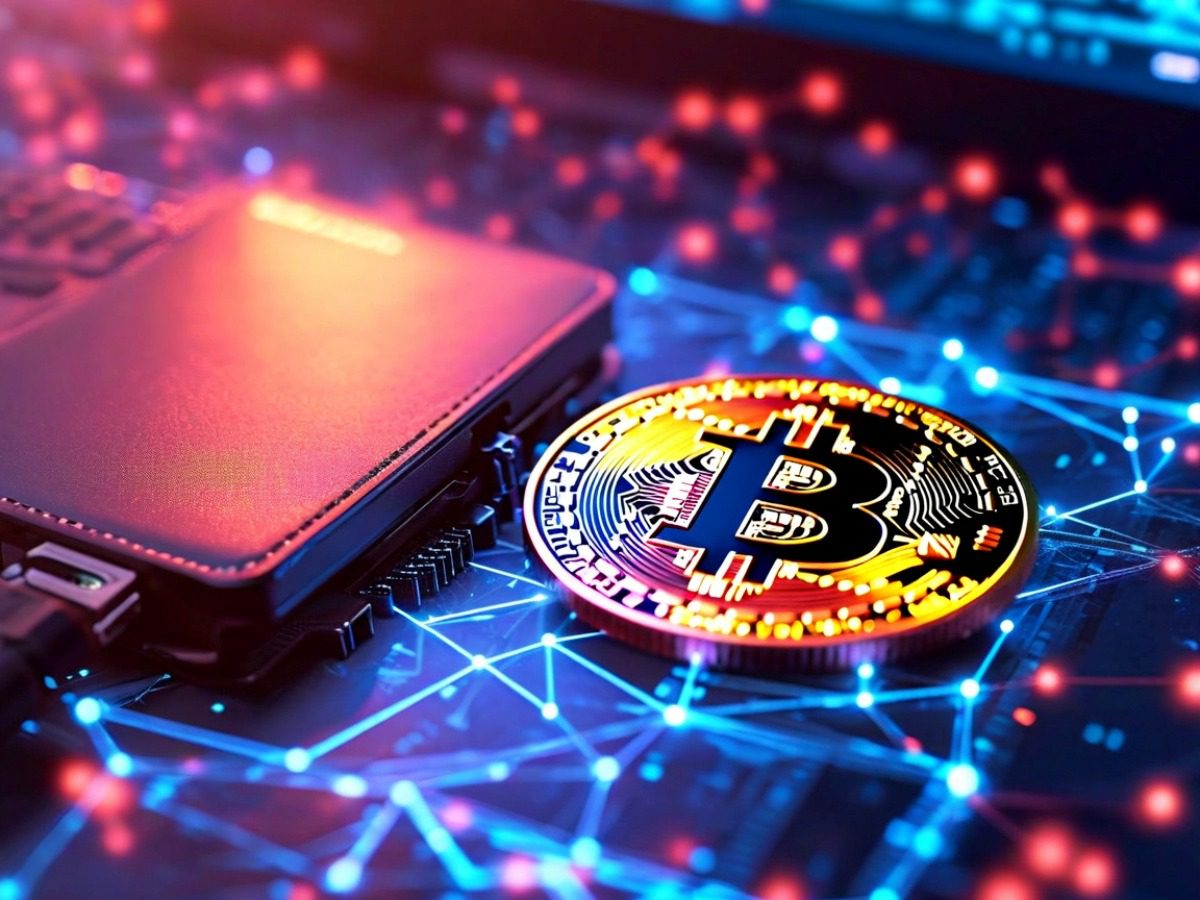 Digital illustration of a physical Bitcoin coin and a wallet on a circuit board, representing a cold wallet for secure crypto storage and self-custody.