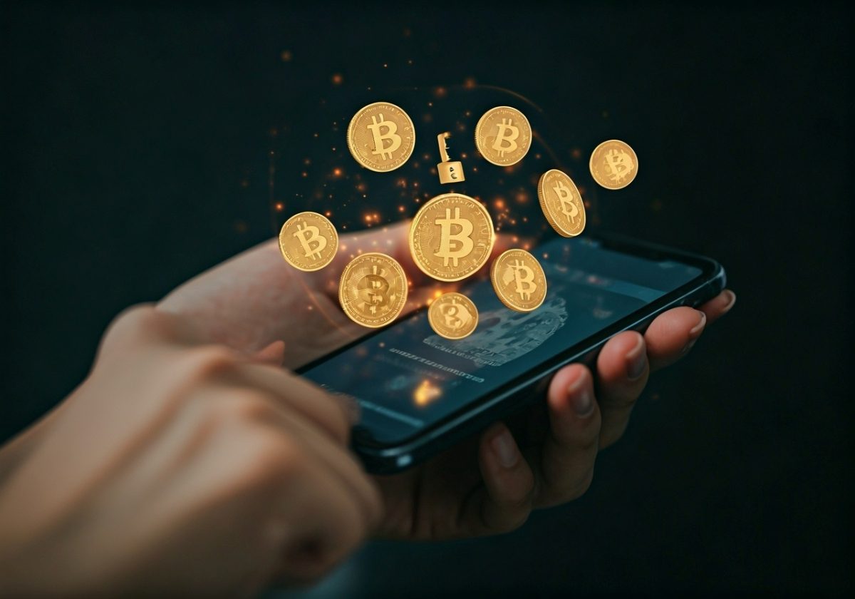 Hand holding phone with Bitcoin icons